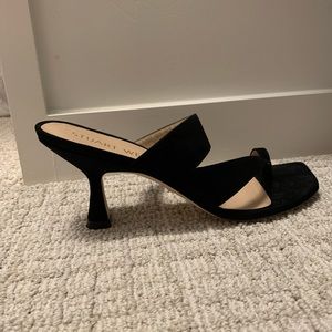 Stuart Weitzman Lyla 75 black suede sandal.